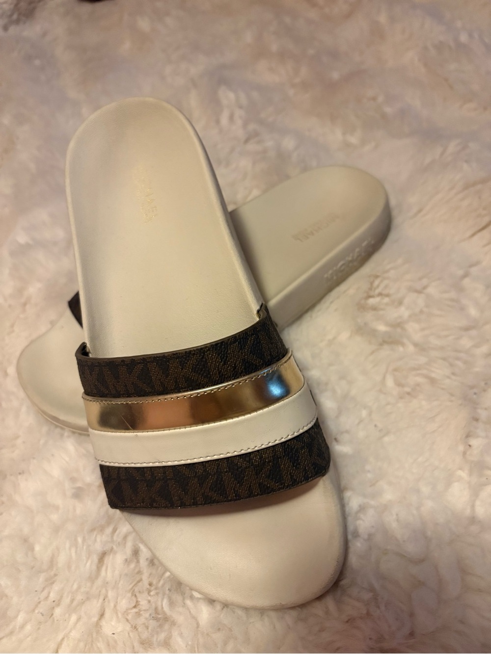 Michael Kors Cream, Brown and Gold Logo Slide Sandals